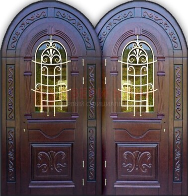 Индивидуальная арочная дверь со стеклом и ковкой ДА-19 в Севастополе