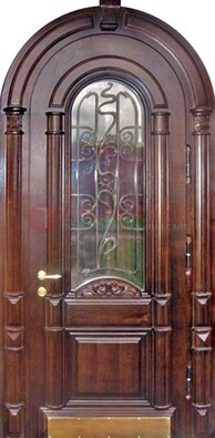 Арочная металлическая дверь массив со стеклом и ковкой ДА-50 в Севастополе