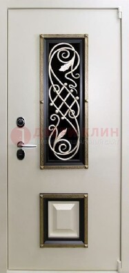 Белая стальная дверь с ковкой со стеклопакетом и МДФ ДК-30 в Севастополе