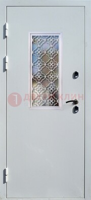 Серая металлическая дверь со стеклом и ковкой ДС-75 в Севастополе