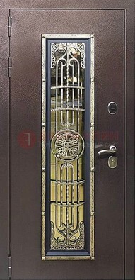 Железная дверь цвета медный антик со стеклом и ковкой ДСК-105 в Севастополе