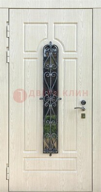 Светлая стальная дверь со стеклом и ковкой ДСК-118 в Севастополе