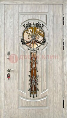 Светлая железная дверь со стеклом ковкой для коттеджа ДСК-134 в Севастополе