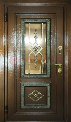 Теплая входная дверь со стеклом и ковкой разноцветной ДСК-13 в Севастополе
