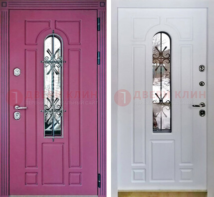 Розовая металлическая дверь со стеклом и ковкой ДСК-151 в Севастополе