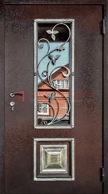 Коричневая стальная дверь порошок со стеклом и ковкой ДСК-163 в Чехове