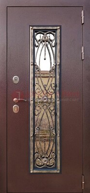Коричневая стальная дверь порошок со стеклом и ковкой для дома ДСК-169 в Севастополе