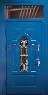 Синяя железная филенчатая дверь со стеклом и ковкой ДСК-97 в Севастополе
