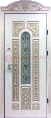 Белая железная дверь с МДФ и витражом ВЖ-26 в Севастополе