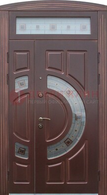 Коричневая двухстворчатая железная дверь с МДФ и витражом ВЖ-29 в Севастополе